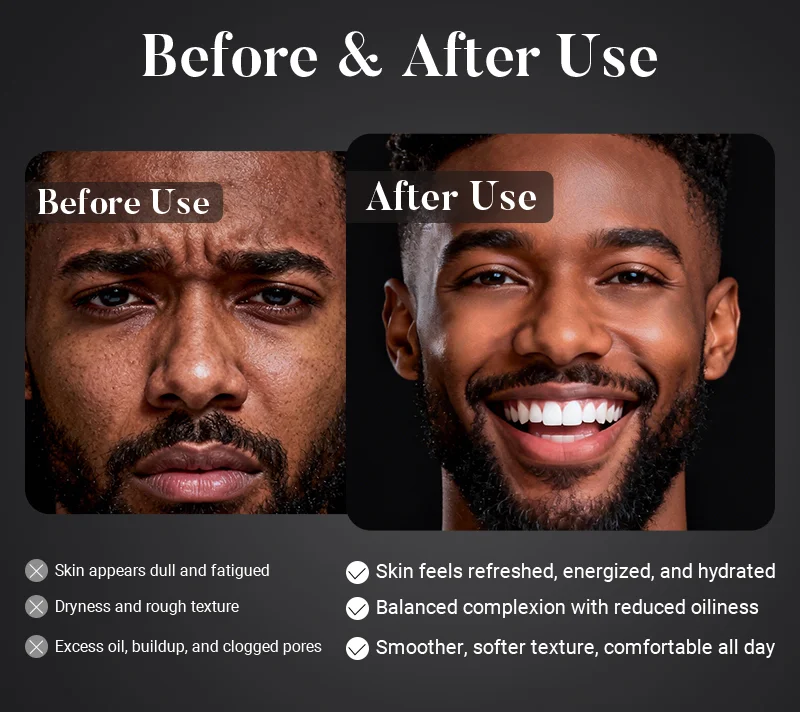 Side-by-side comparison of a man's skin before and after skincare use, highlighting improvements in complexion and texture.